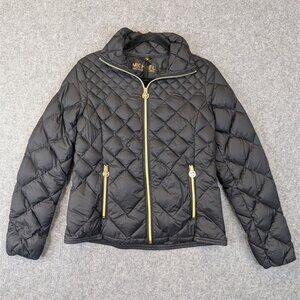 Michael Kors Packable Down Black Quilted Puffer Jacket Gold Accents Women's M